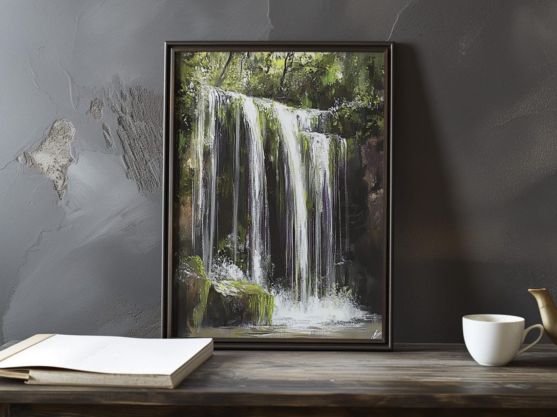 Tall Ribbon Waterfall Through a Lush Green Forest Impressionist Poster