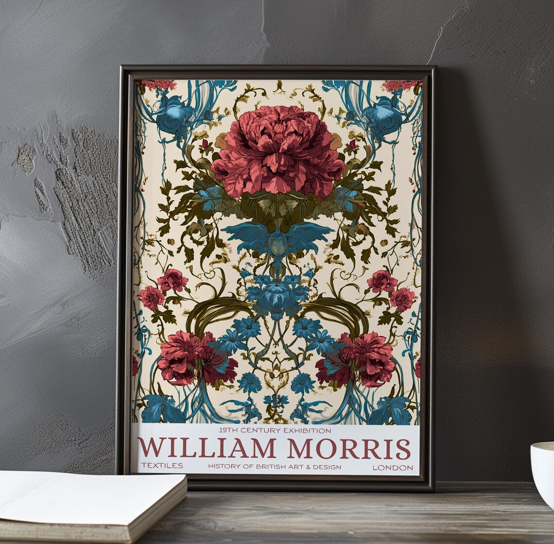 William Morris Red Rose Bluebird Cream Floral Exhibition Poster