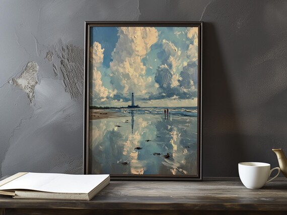 Figures on a Reflective Beach with Distant Tower Impressionist Poster