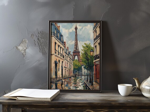 Eiffel Tower View Down a Rainy Paris Street in Daylight Poster