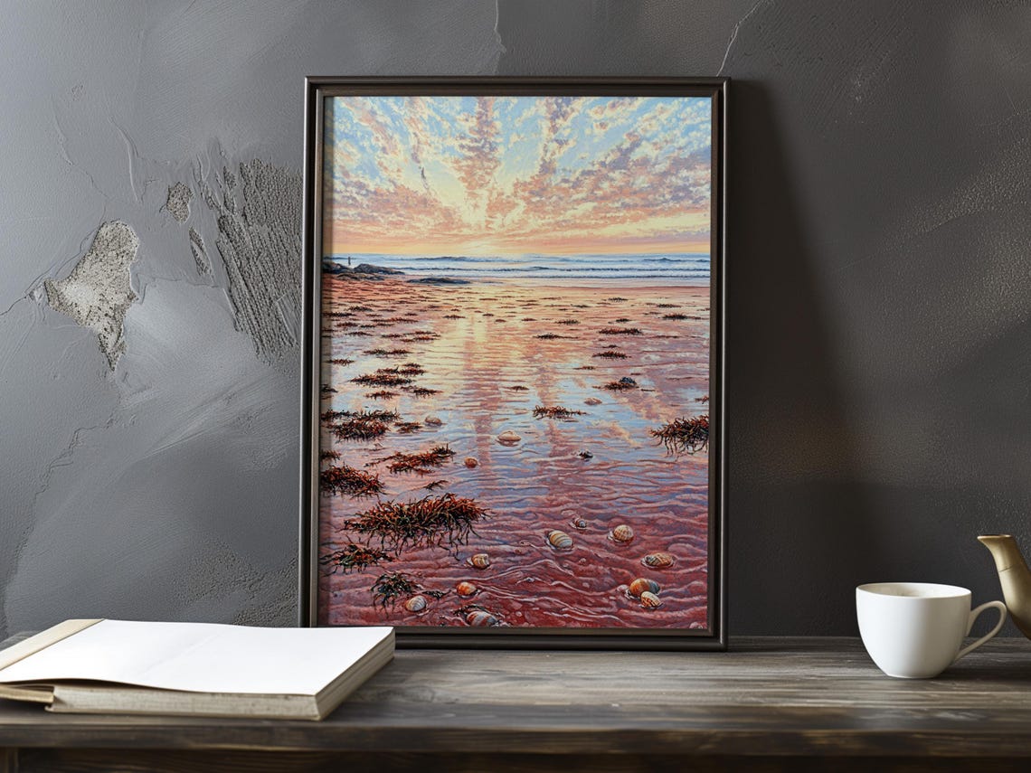 Sunset Tidal Beach with Pink Pools and Seaweed Impressionist Poster