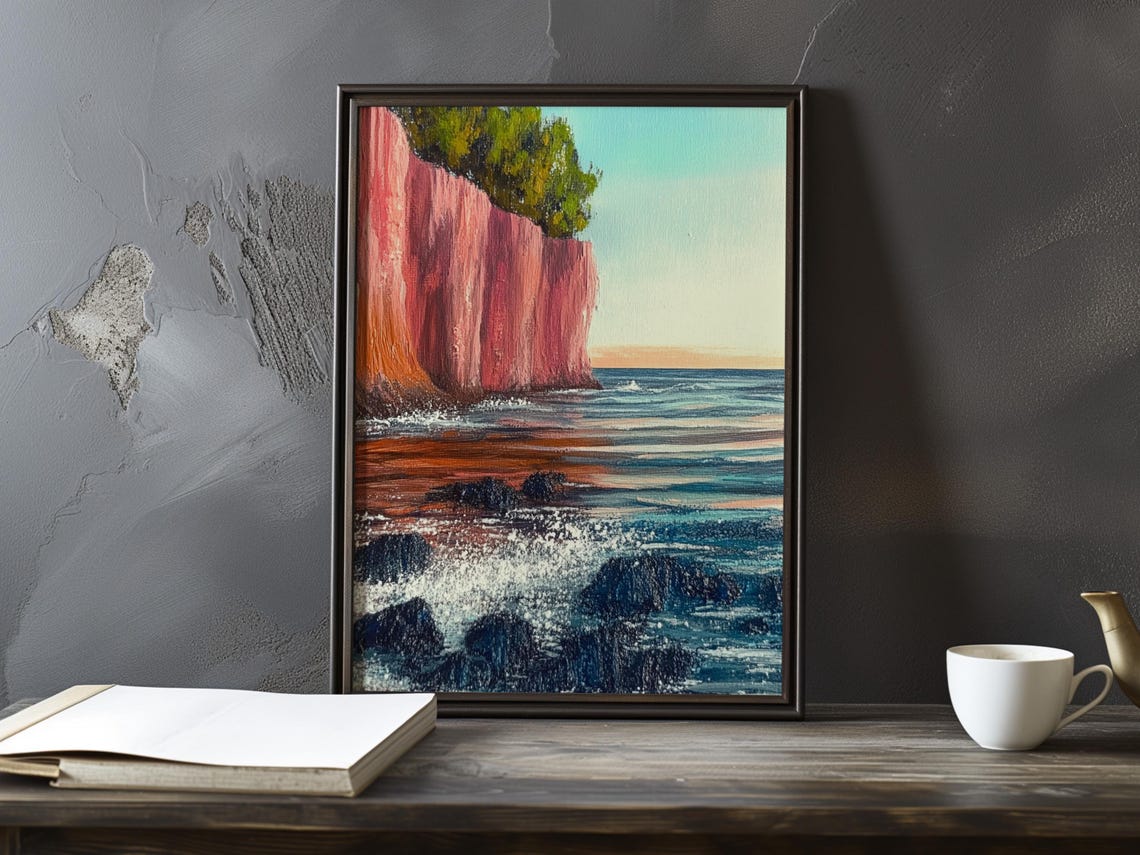 Pink Sea Cliff at Sunset Above Crashing Waves Impressionist Poster