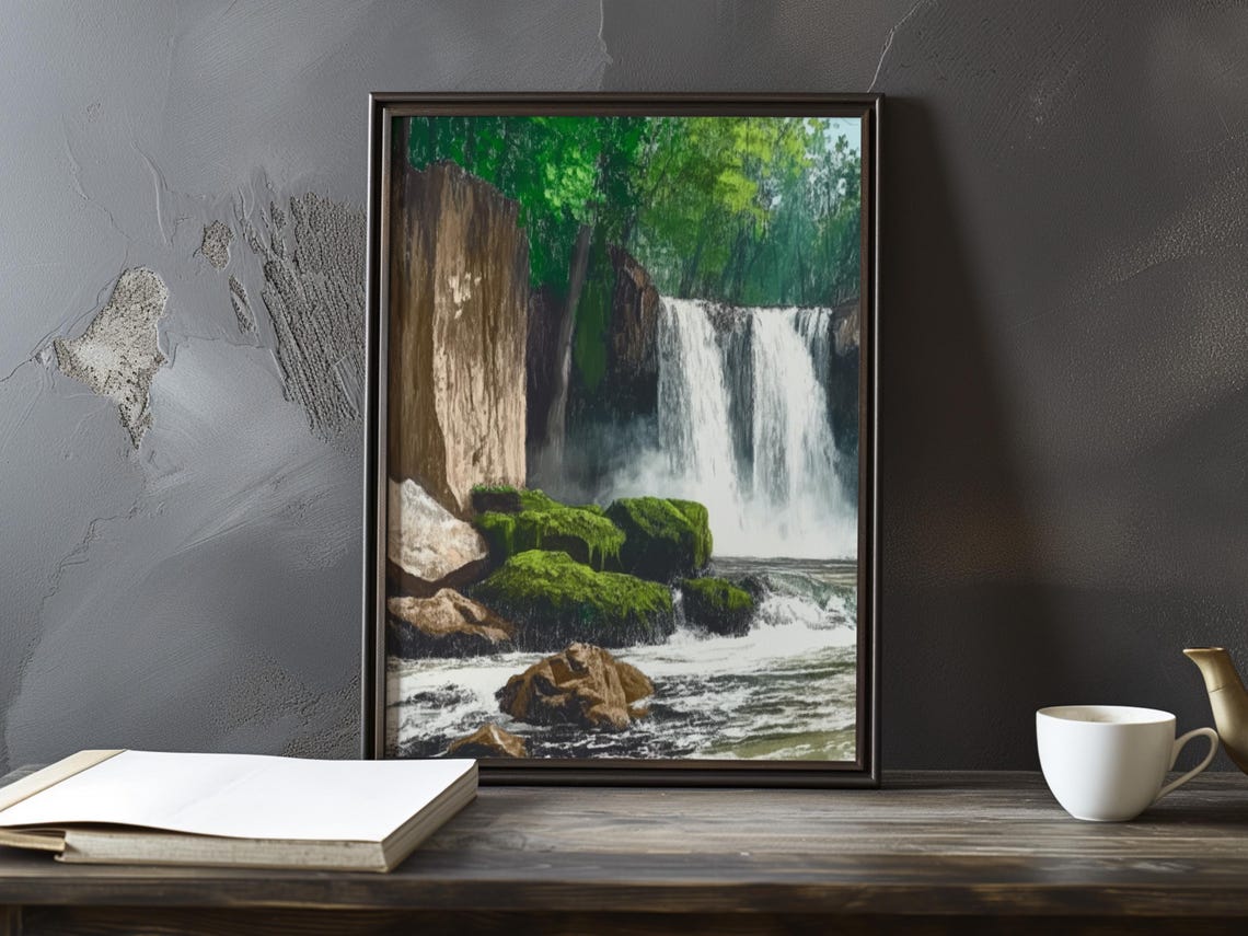 A Waterfall In Forest Setting Gustave Courbet Inspired Impressionist Gallery Print Poster