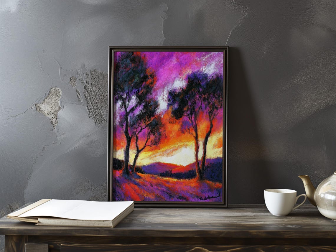 Twin Trees Silhouetted in a Purple Sunset Field Impressionist Poster