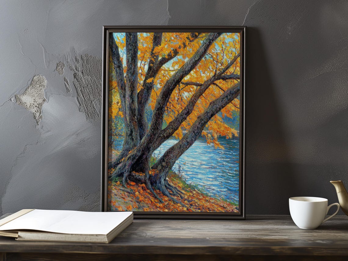 Leaning Autumn Trees on a Leaf Covered Riverbank Impressionist Poster