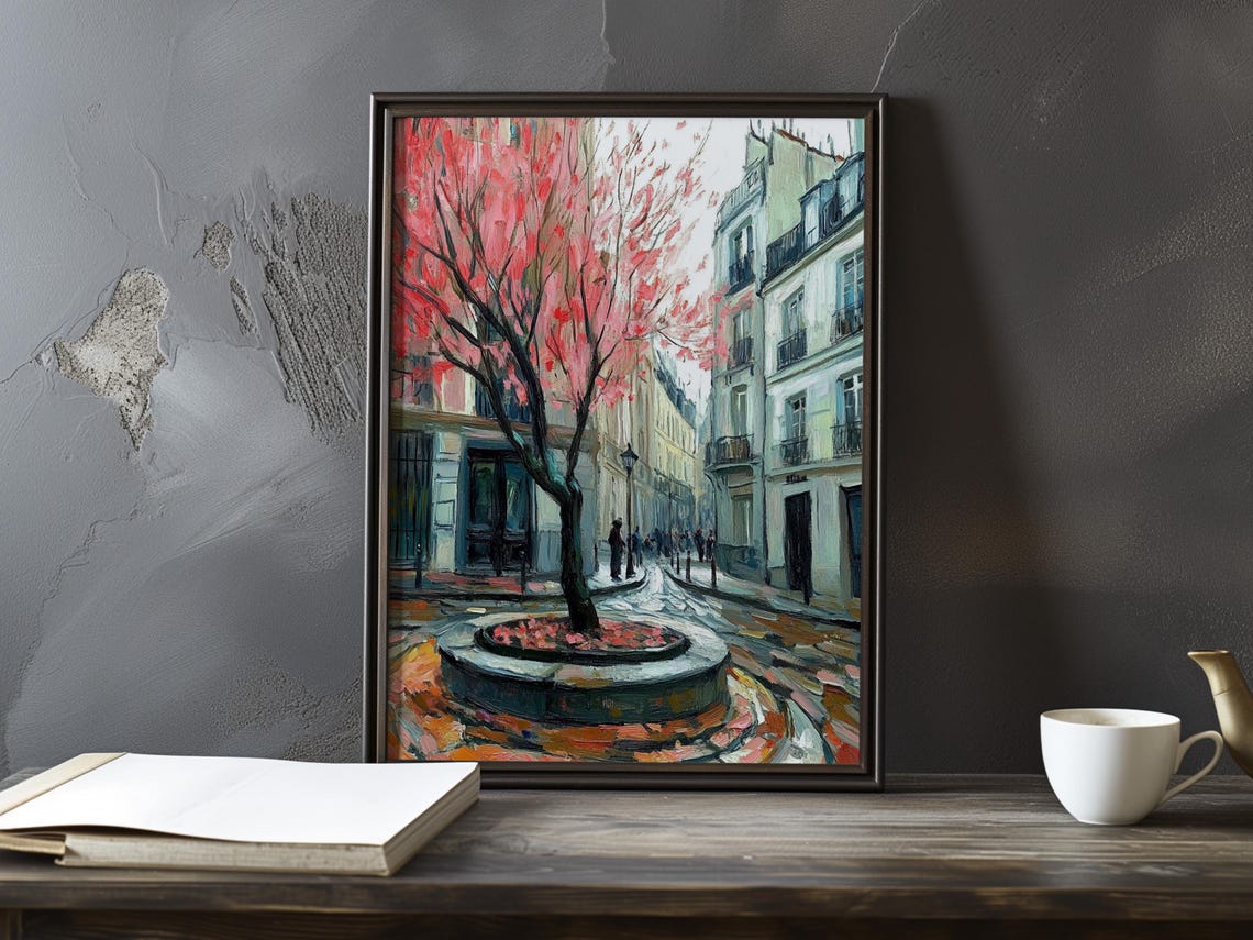 Pink Blossom Tree Rising Above a Quiet Montmartre Plaza Poster