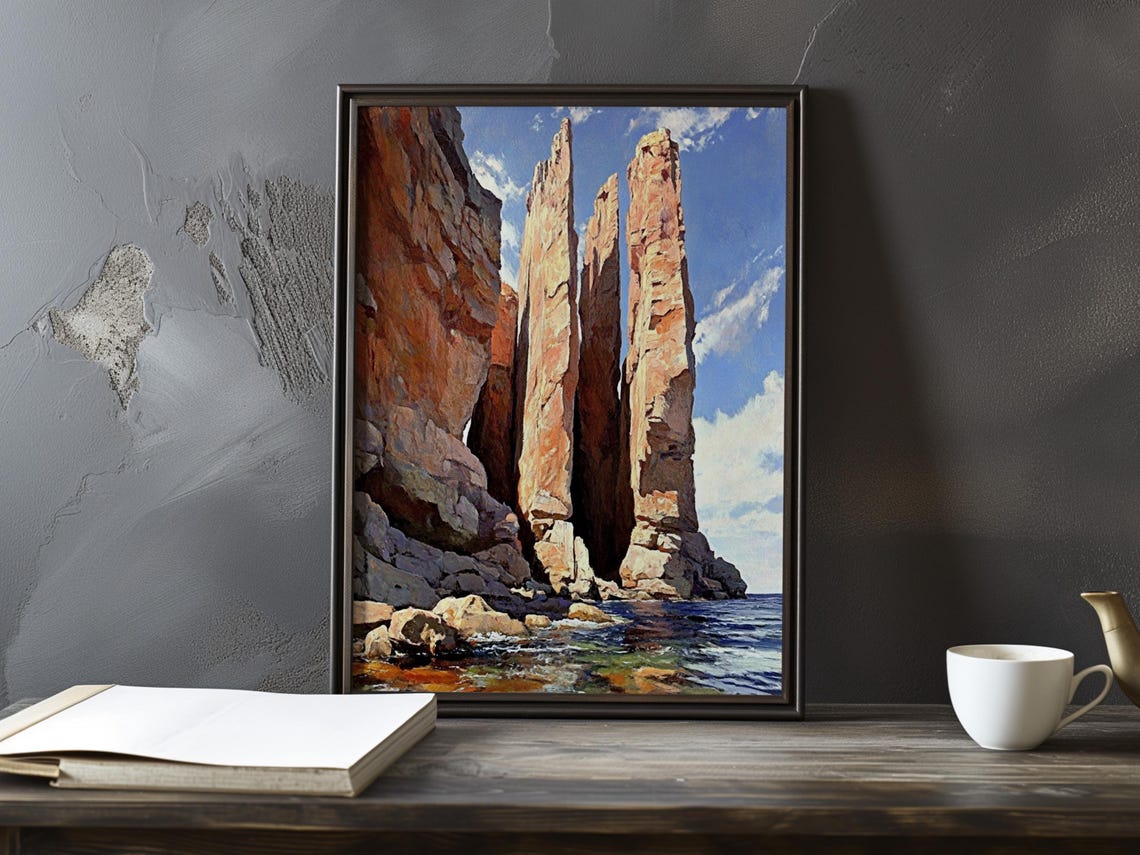 Jagged Red Rock Pinnacles Rising from the Sea Impressionist Poster