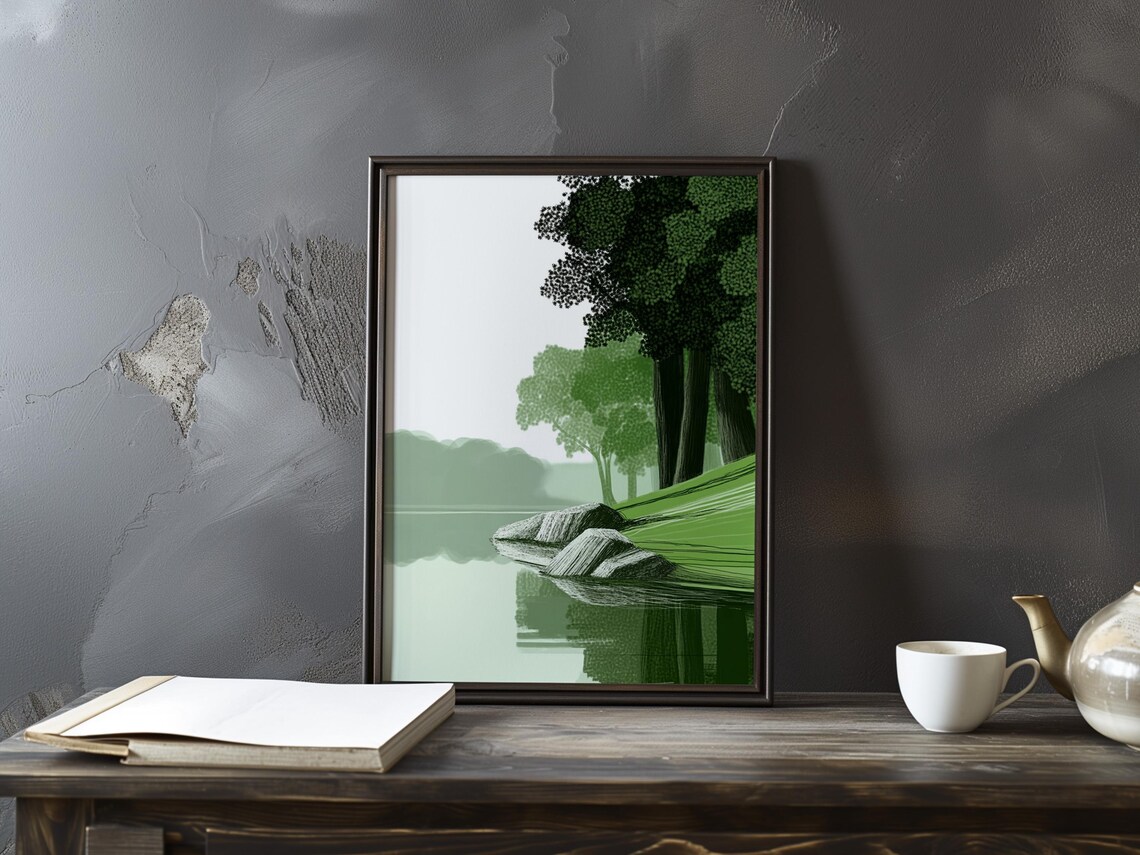 Vallotton Inspired Minimalist Green Lake Landscape Art Poster