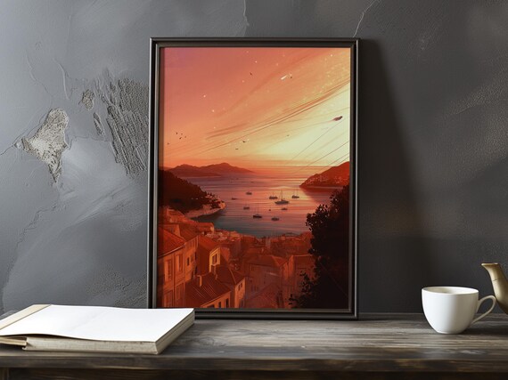 Harbor Sunrise with Orange Sky Sailboats and Town Rooftops Poster