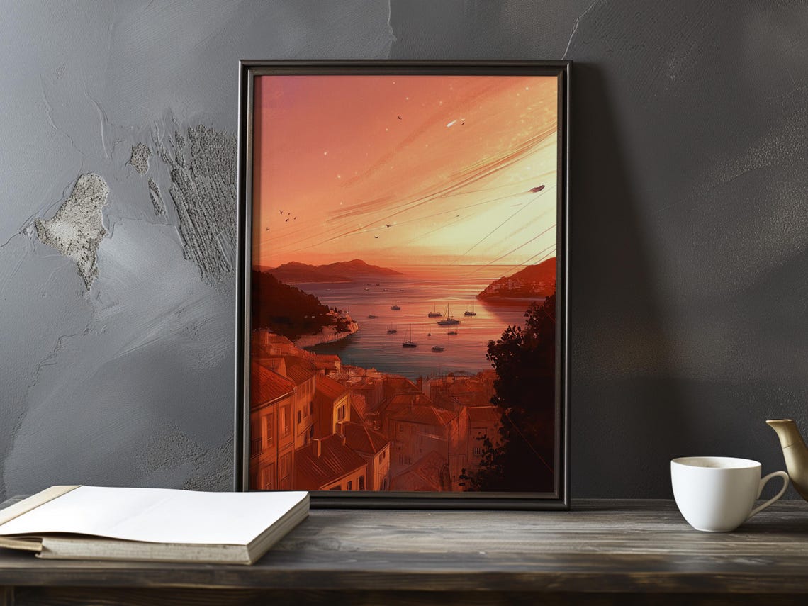 Harbor Sunrise with Orange Sky Sailboats and Town Rooftops Poster
