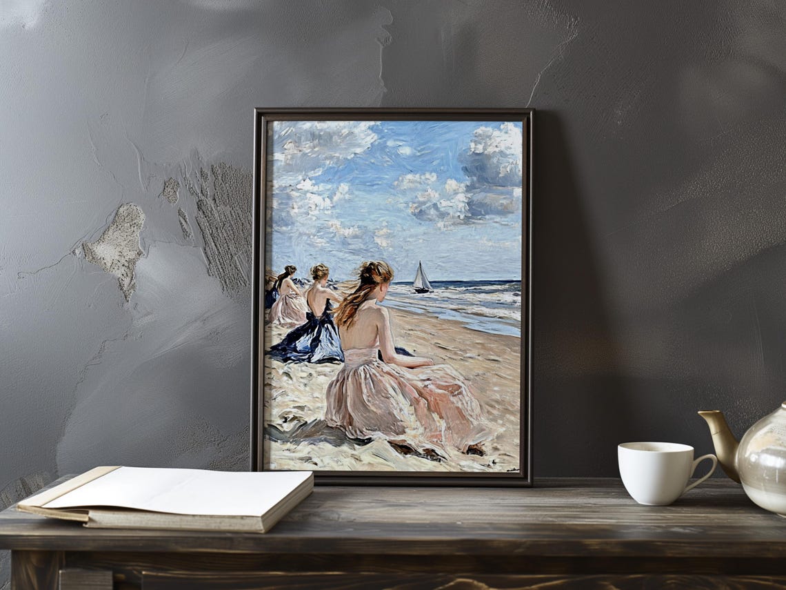 Women Seated on a Beach Watching a Sailboat Impressionist Art Poster