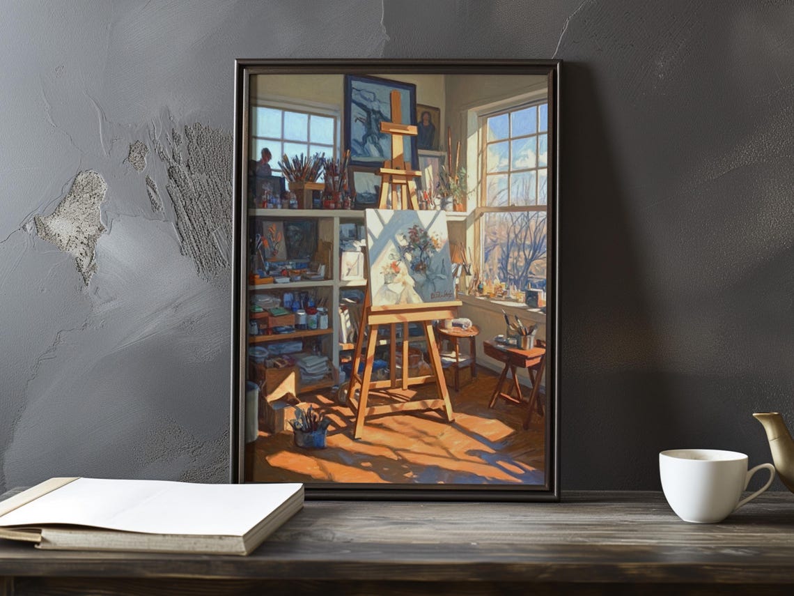Bright Artist Studio with Central Easel and Paint Shelves Poster