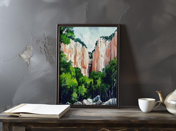 Cezanne-Inspired Pink Limestone Canyon Cliffs Over Forest Poster