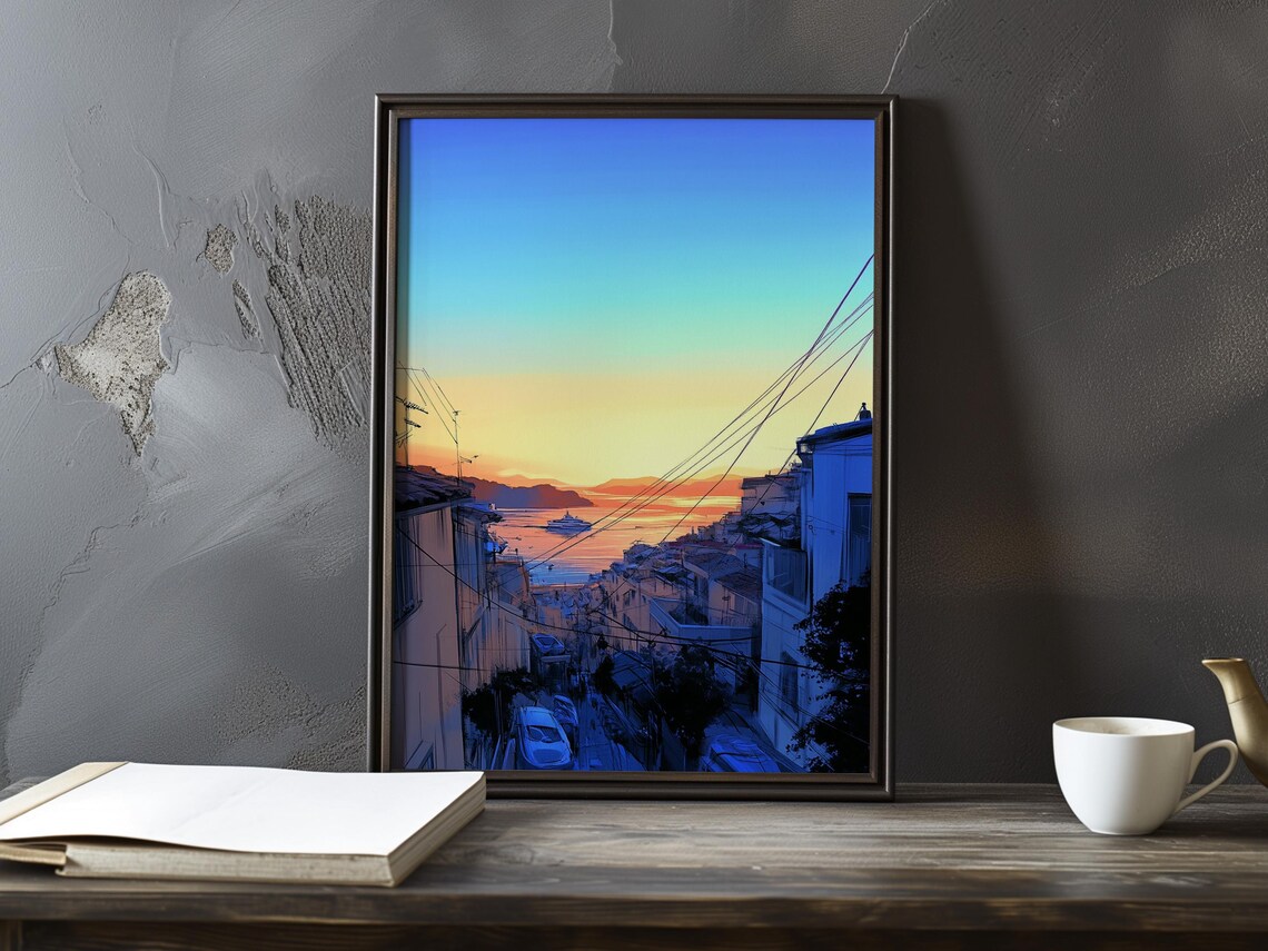 Steep Coastal Street at Sunset with Power Lines Ocean Art Poster