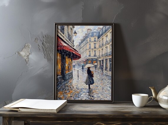 Woman With White Umbrella Crossing Rainy Paris Cobblestones Poster