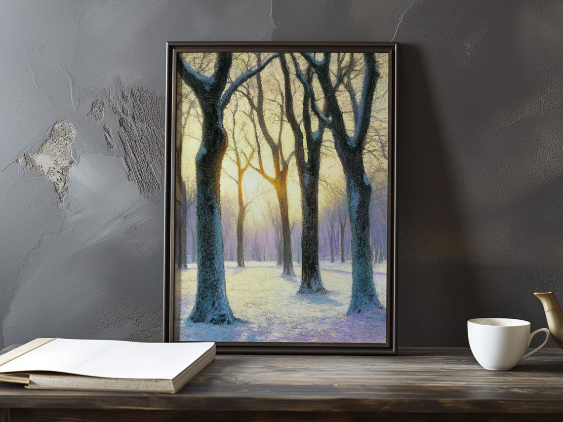 Bare Winter Trees Glowing at Sunrise Across a Snowy Field Poster