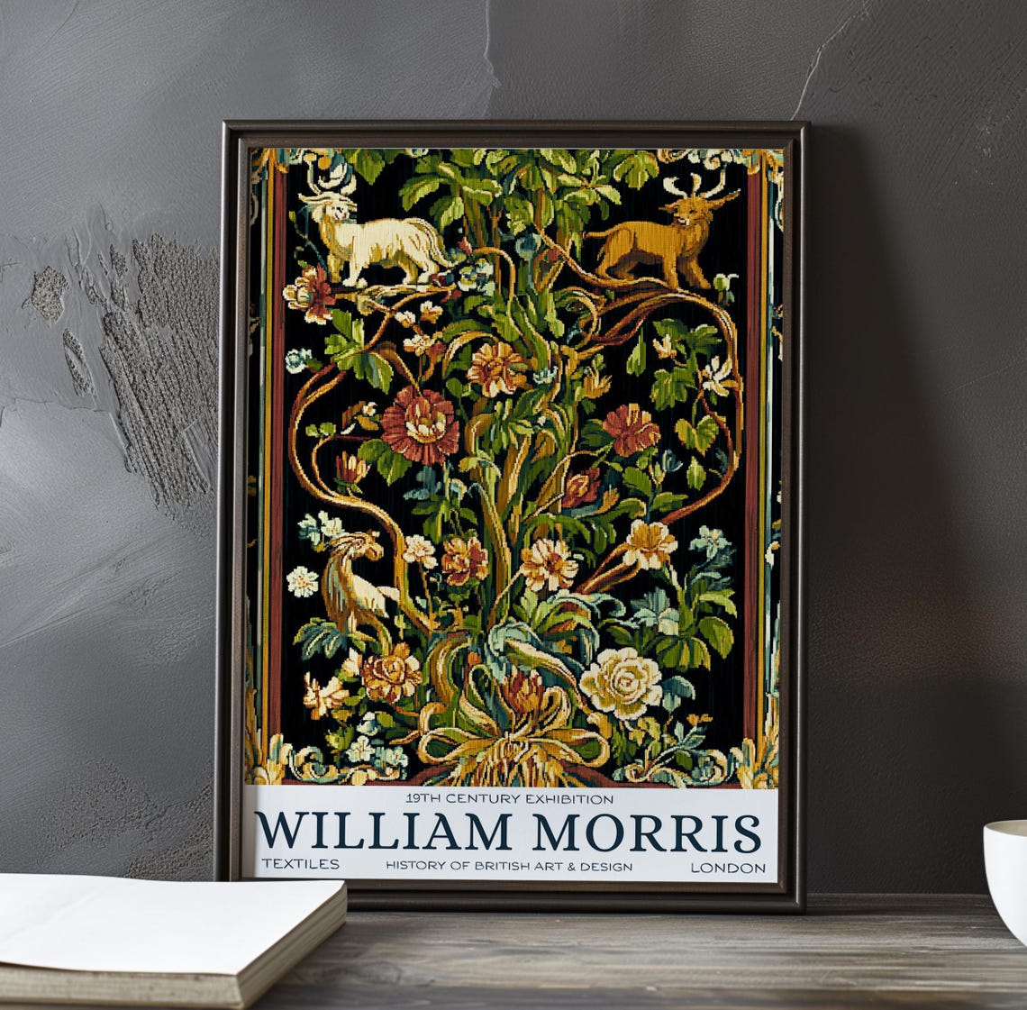 William Morris Black Ground Deer and Wildflower Tapestry Poster