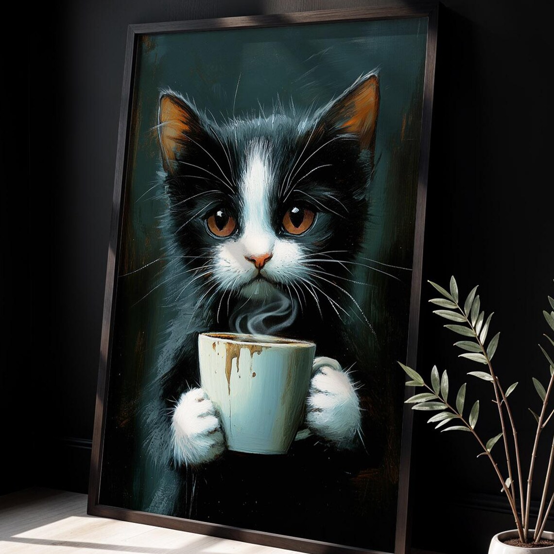 Cute Coffee Cat Poster, Kitchen Office Decor