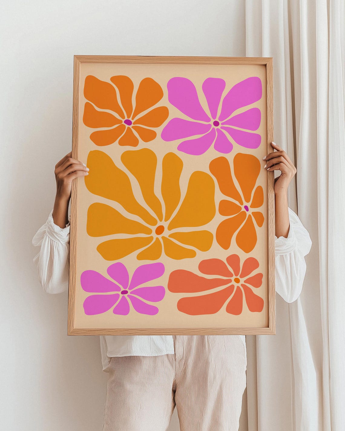 Bold Orange and Pink Abstract Flowers Retro Decor Botanical Wall Art
