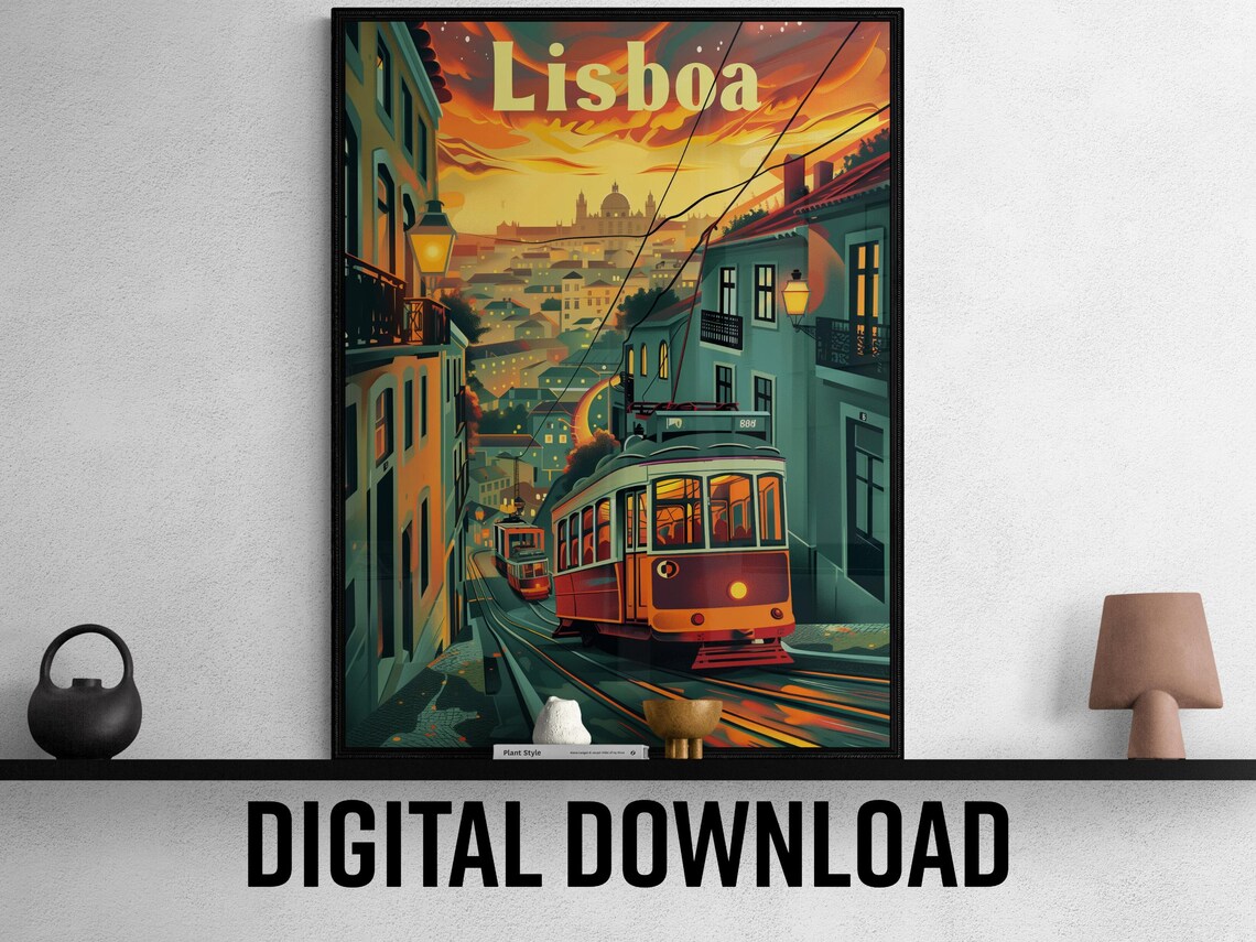 Lisboa Portugal Sunset Tram Evening Street Vintage Travel Poster