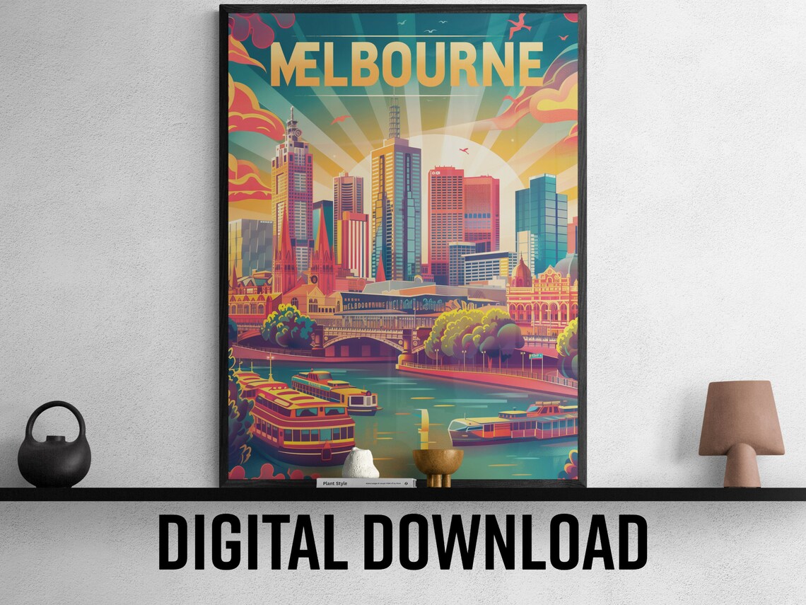 Melbourne Sunburst Skyline Riverboats Colorful Travel Poster
