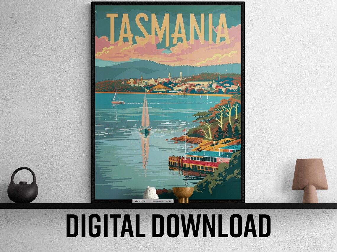 Tasmania Australia Harbor Sailboats Coastal Town Travel Poster - Image 2