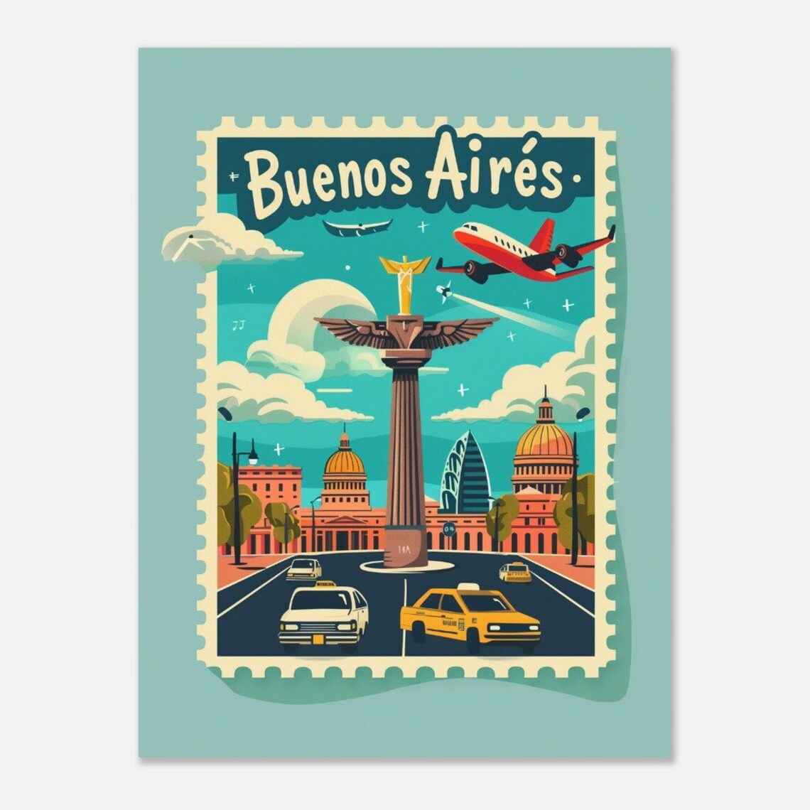 Buenos Aires Monument Taxis Avenue Vintage Travel Stamp Poster - Image 2