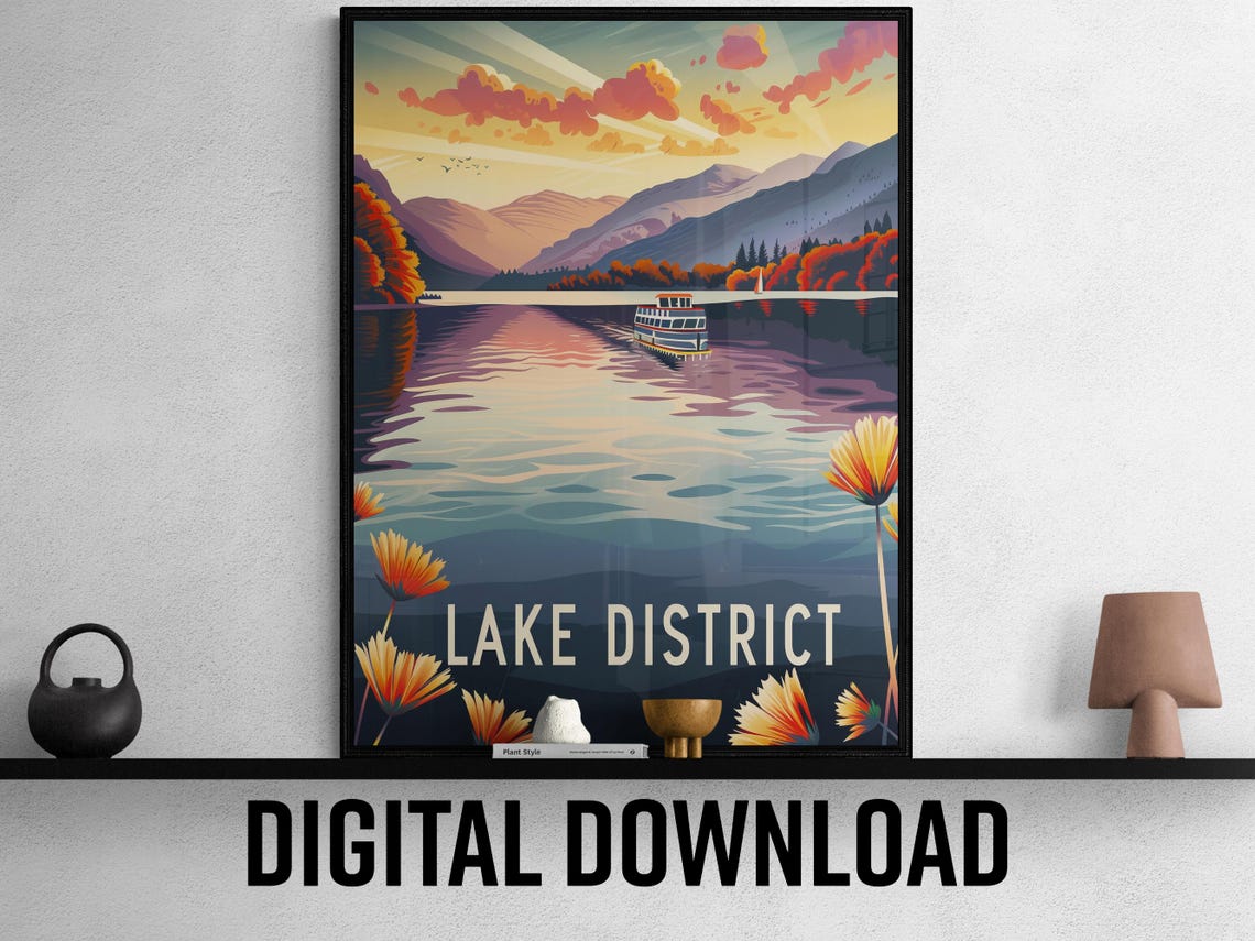 Lake District England Sunset Ferry Across the Lake Travel Poster