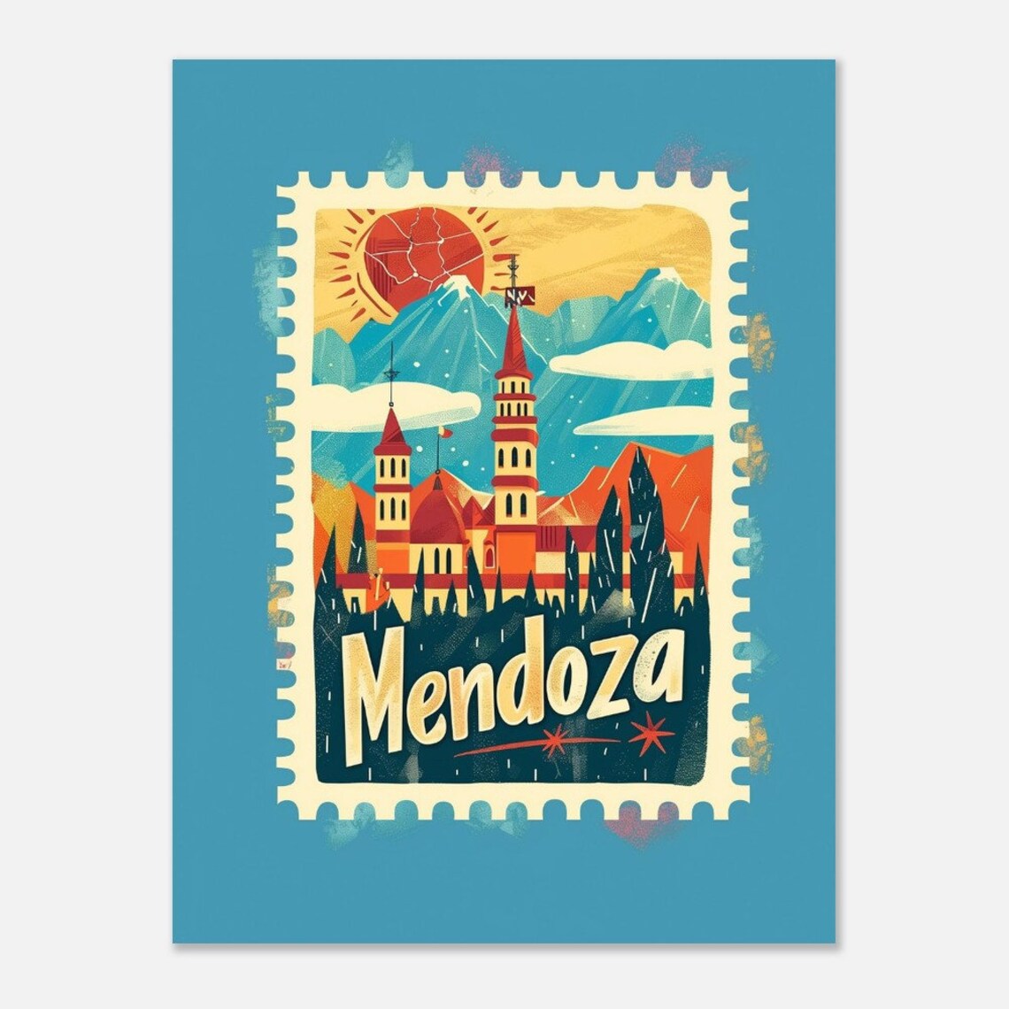 Mendoza Argentina Vintage Postage Stamp Mountain Town Travel Poster - Image 2
