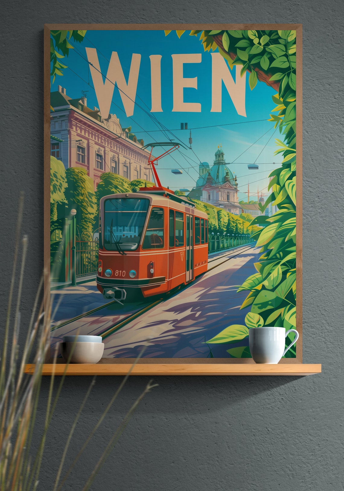 Wien Red Tram on Leafy Boulevard with Dome Vintage Travel Poster - Image 4