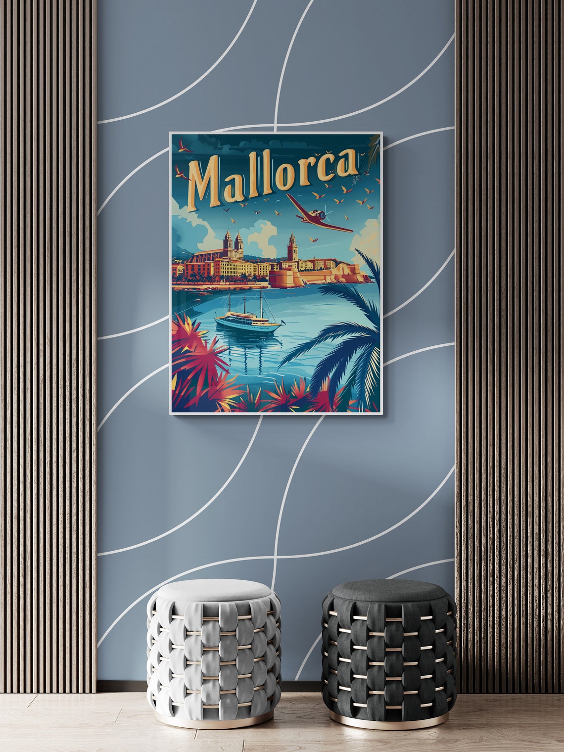 Mallorca Retro Vintage Cathedral Harbor Seaplane Spain Travel Poster - Image 3