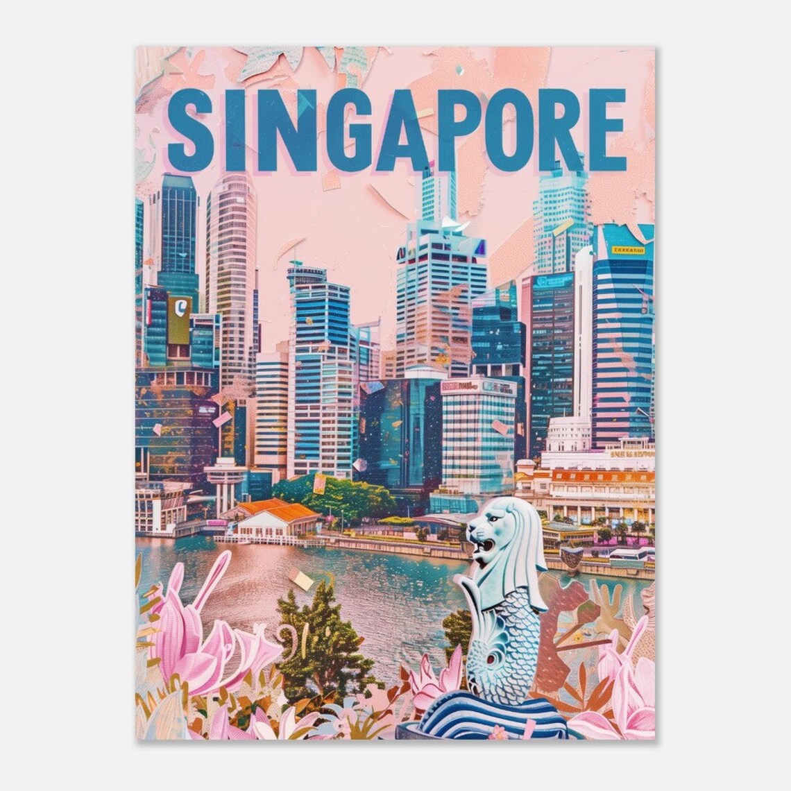 Singapore Merlion Marina Skyline Vintage Collage Travel Poster - Image 2