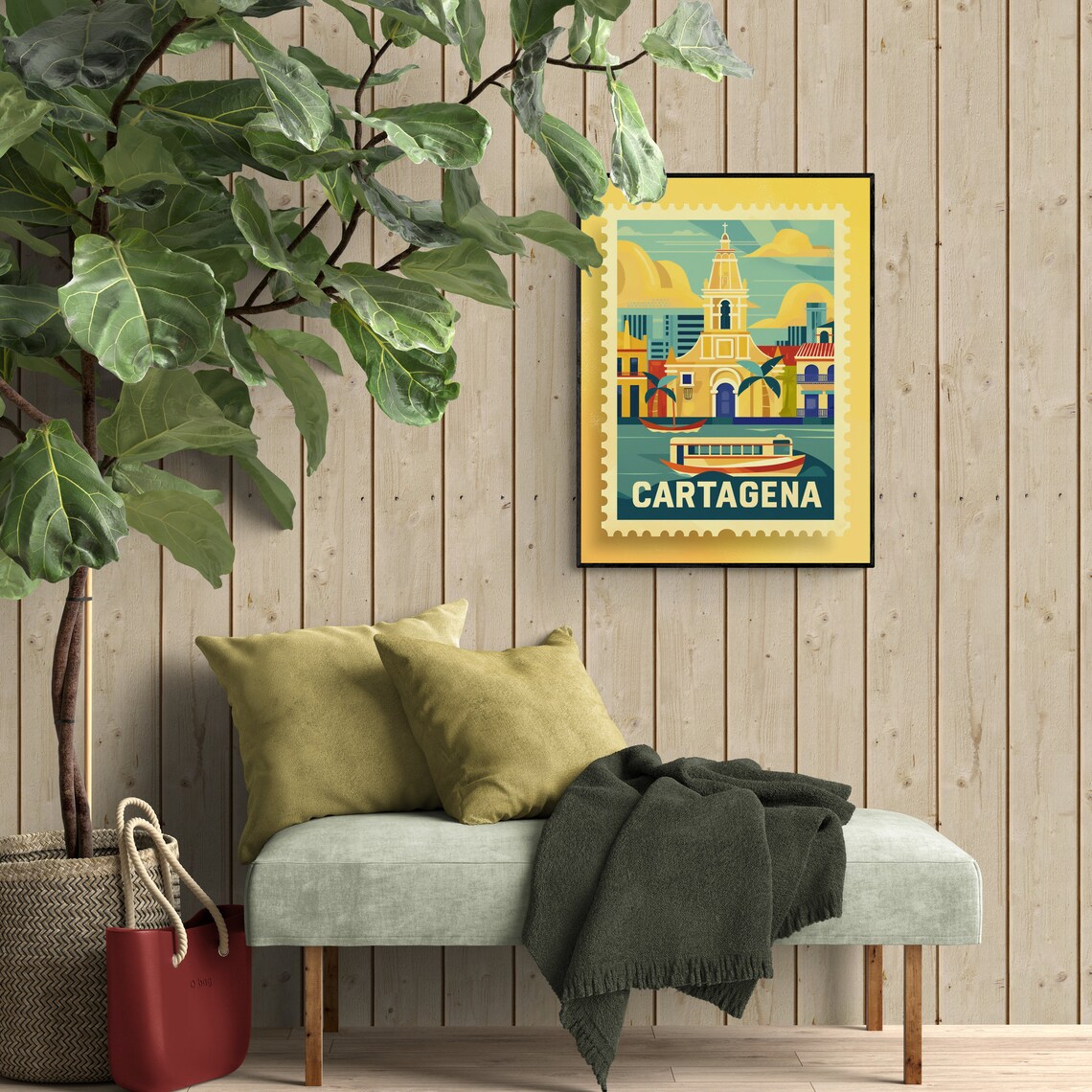 Cartagena Colonial Church Boats Vintage Travel Stamp Style Poster - Image 5