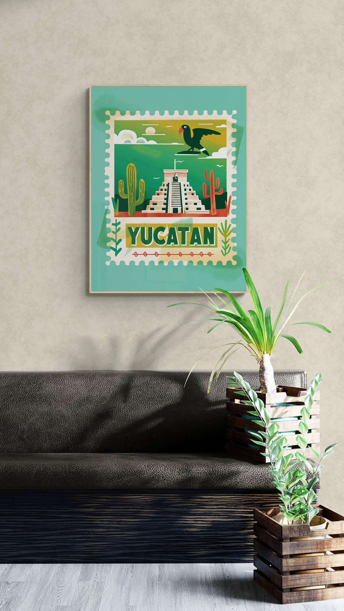Yucatan Mexico Mayan Pyramid Cactus Stamp Style Travel Poster - Image 4