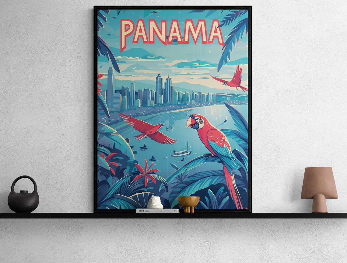 Panama Macaws and Bay Skyline Vintage Wildlife Travel Poster - Image 2