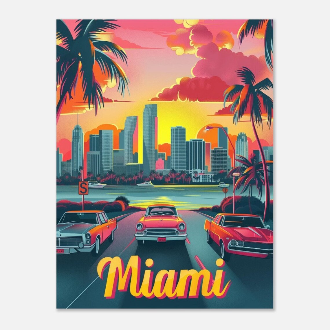 Miami Classic Cars Skyline Sunset Retro Florida Travel Poster - Image 2