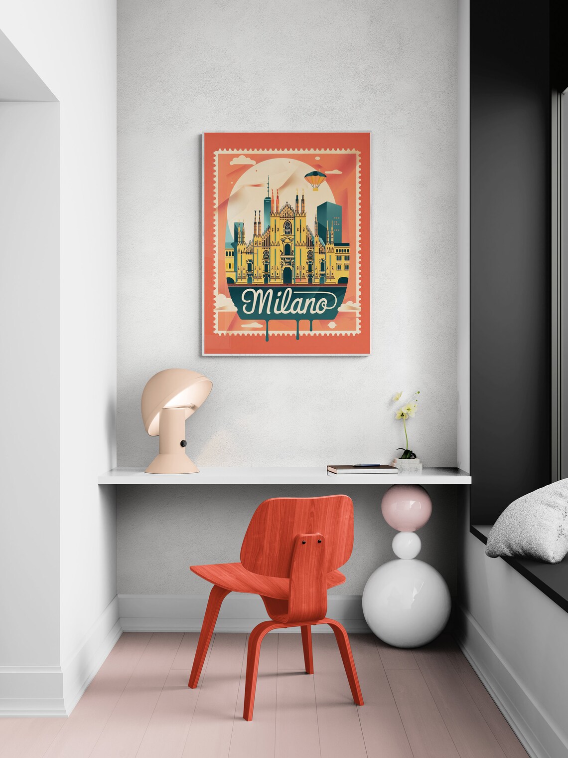 Milan Duomo Cathedral Retro Stamp Style Coral Italy Travel Poster - Image 5