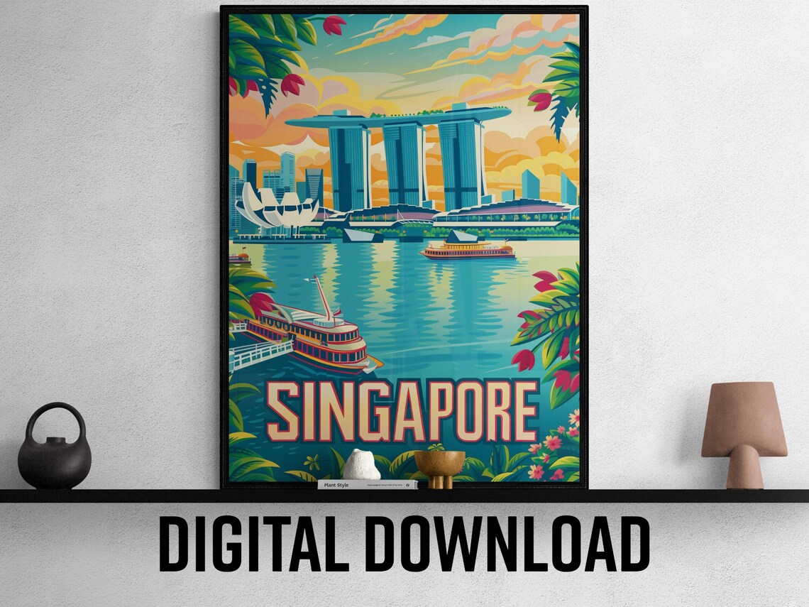 Singapore Marina Bay Sands Vintage City Skyline Travel Poster