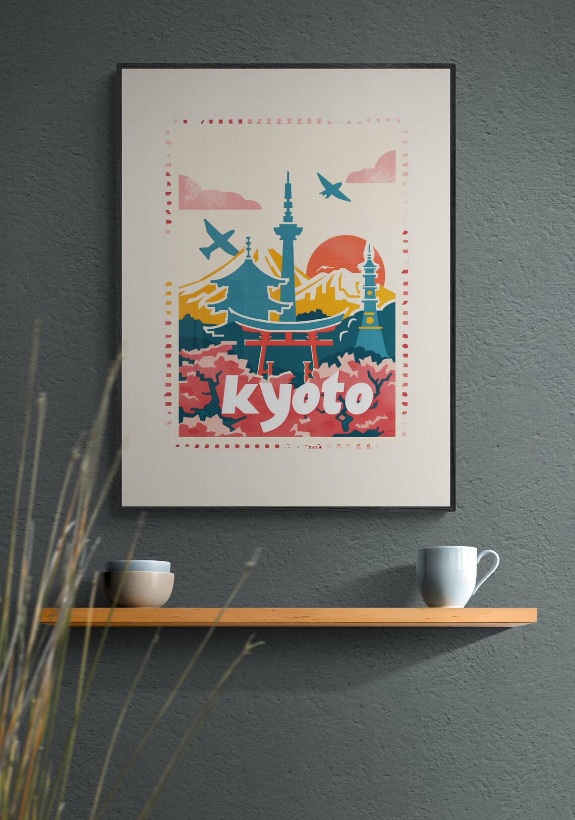 Kyoto Japan Torii Gate Pagoda Cherry Blossom Vintage Travel Poster - Image 3
