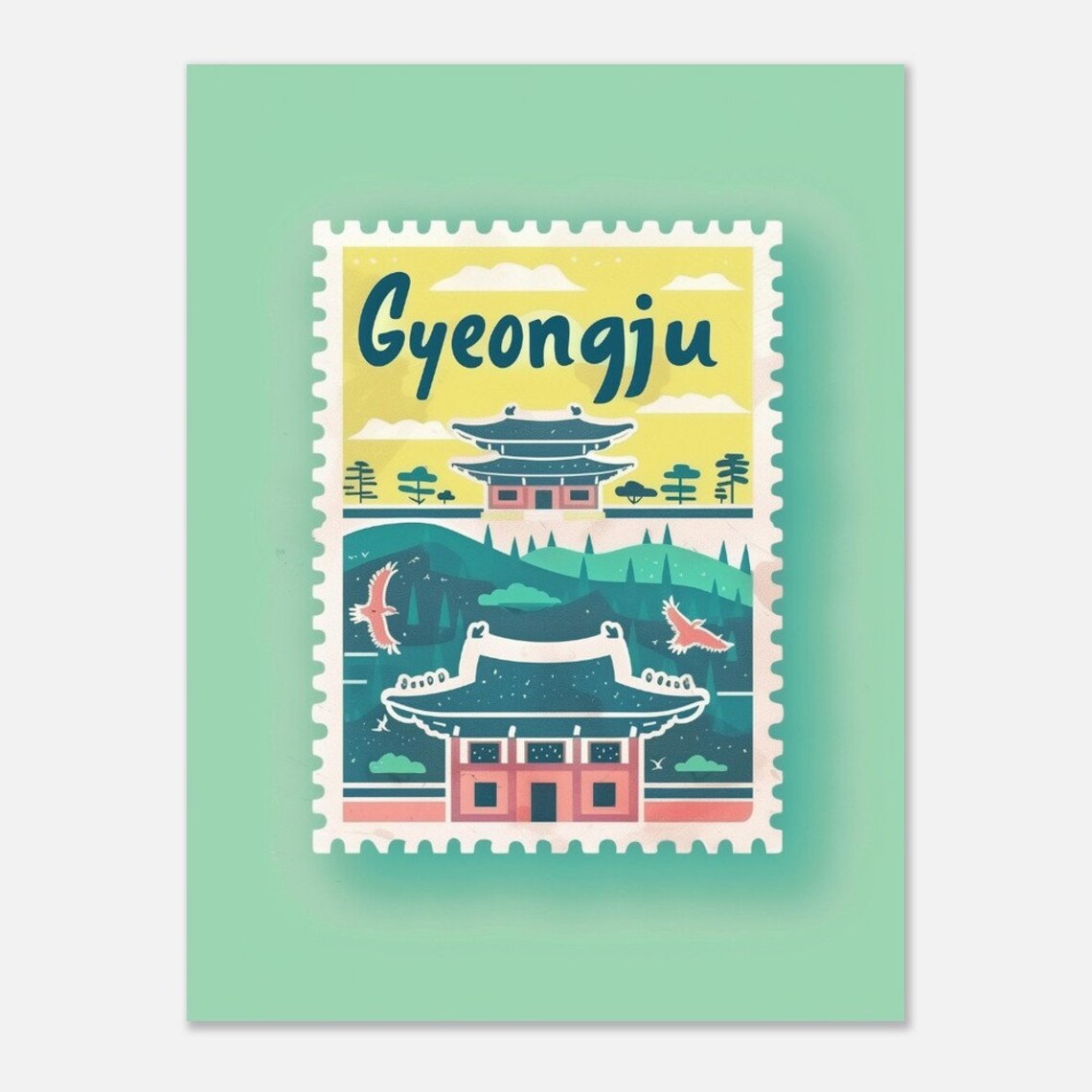 Gyeongju Korea Ancient Temples Pagoda Stamp Travel Art Poster - Image 2