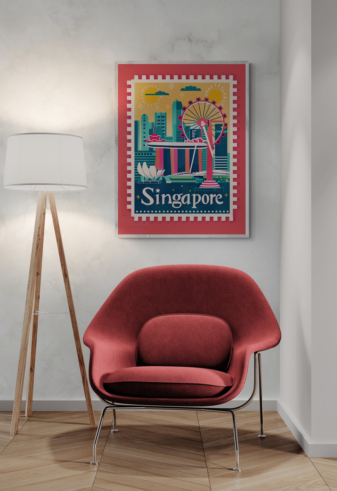 Singapore Marina Bay Skyline Vintage Postage Stamp Travel Poster - Image 5