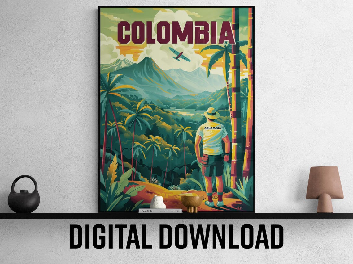 Colombia Vintage Tropical Mountain Jungle Adventure Travel Poster