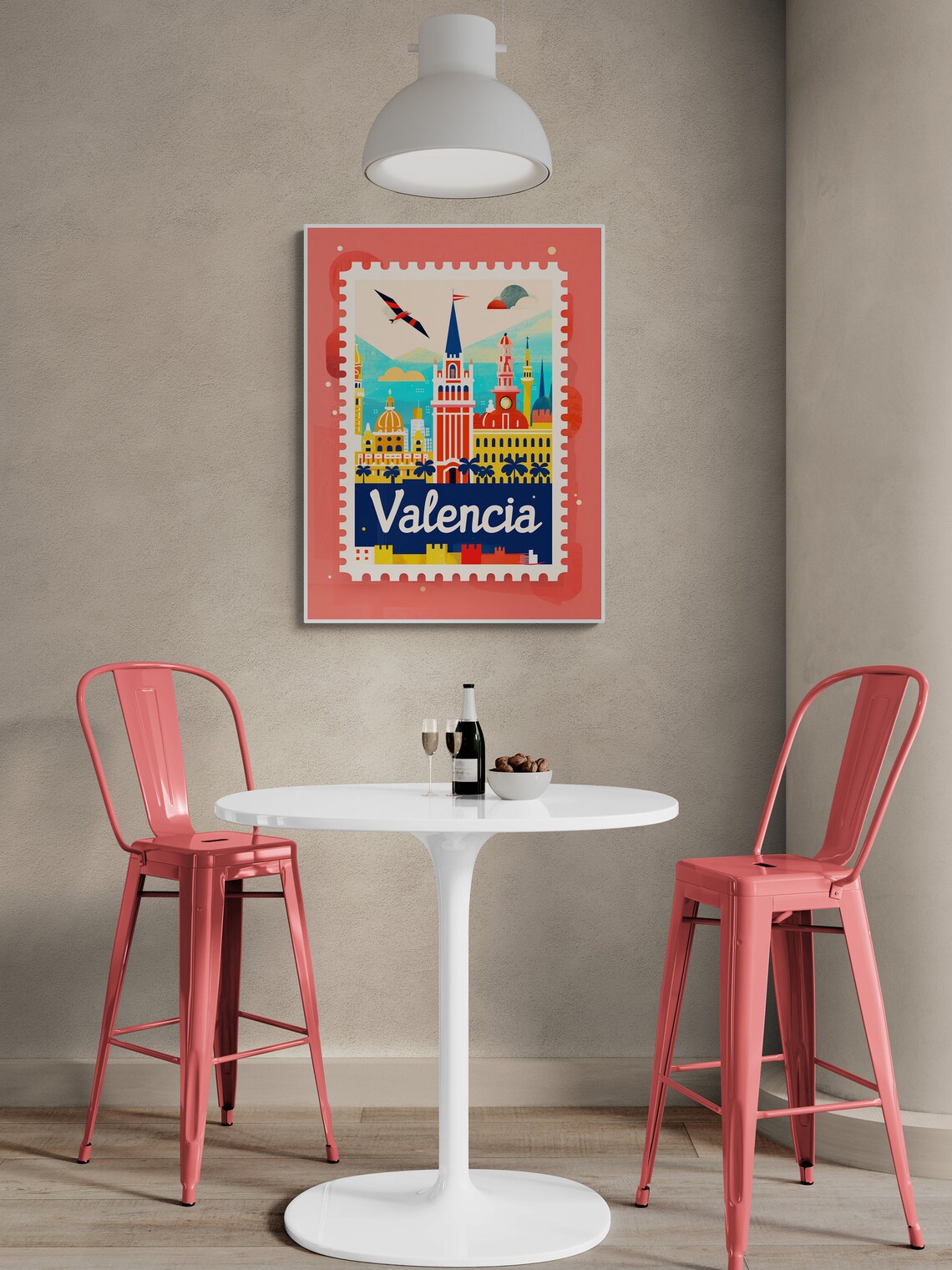 Valencia City Skyline Blue Spire Palm Trees Stamp Style Travel Poster - Image 3