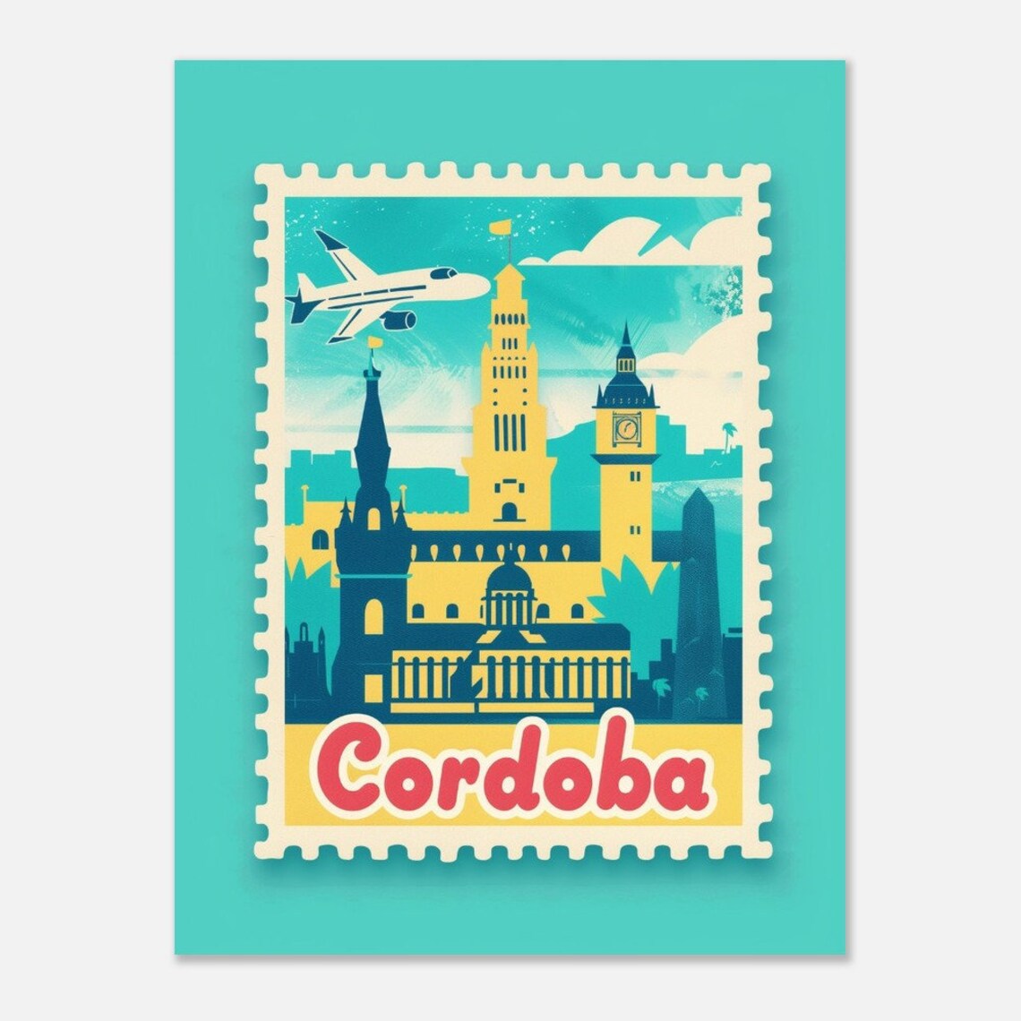 Cordoba Historic Towers Airplane Vintage Travel Stamp Style Poster - Image 2
