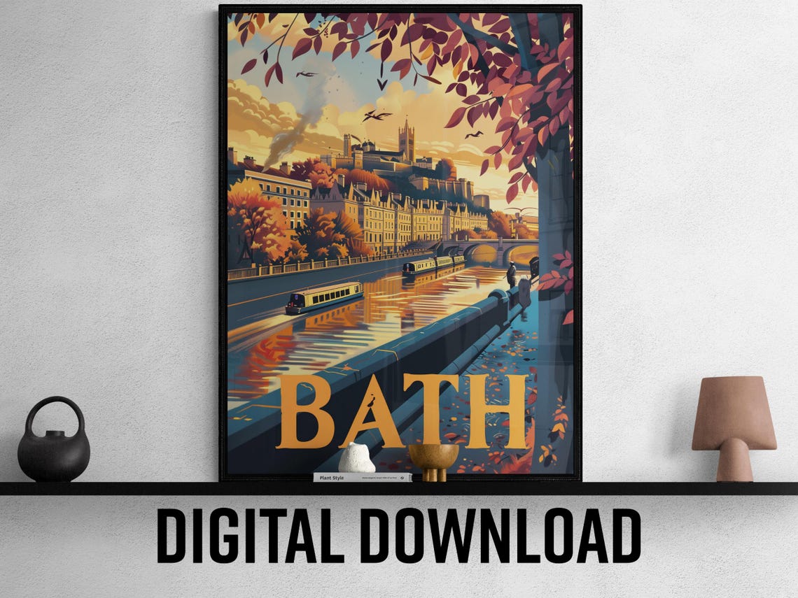Bath England Autumn Riverside Vintage Travel Poster Avon Waterway View