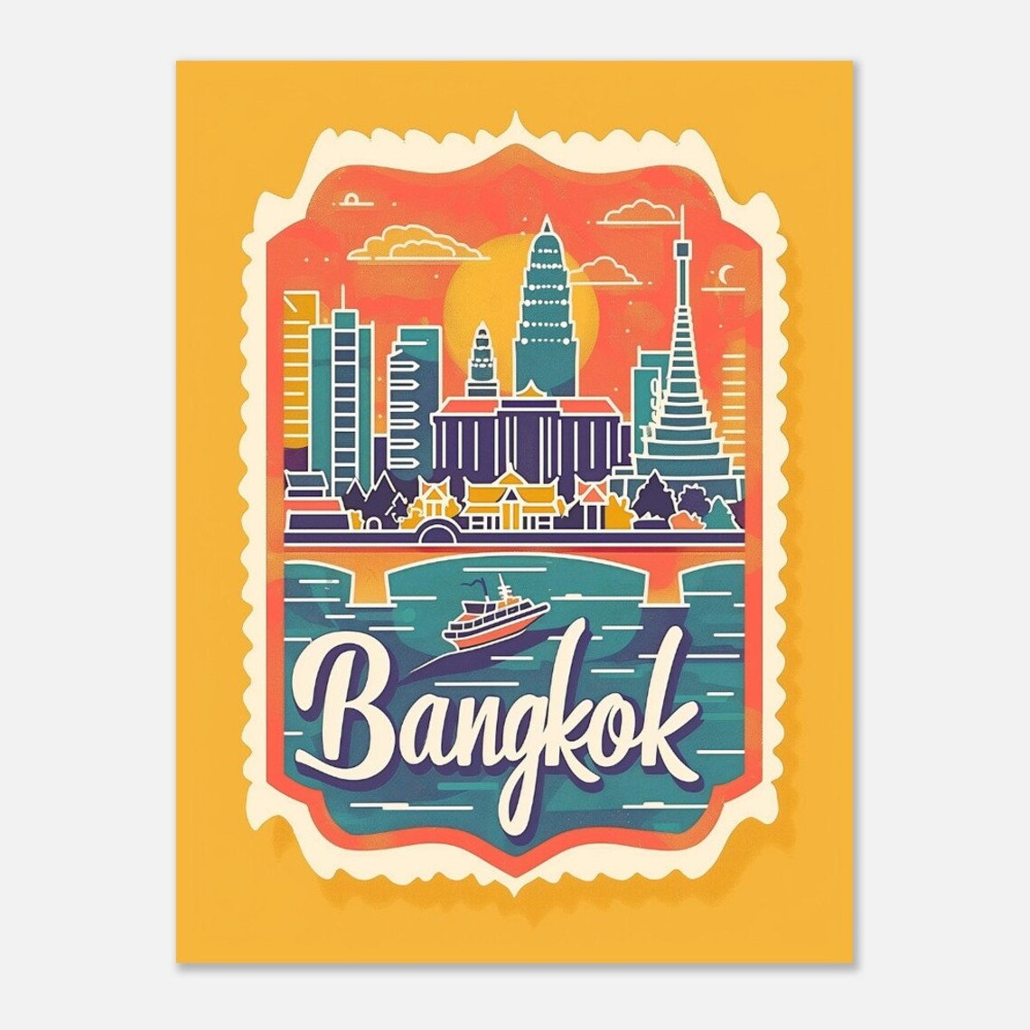 Bangkok Thailand Temples River Boat Vintage Travel Stamp Poster - Image 2