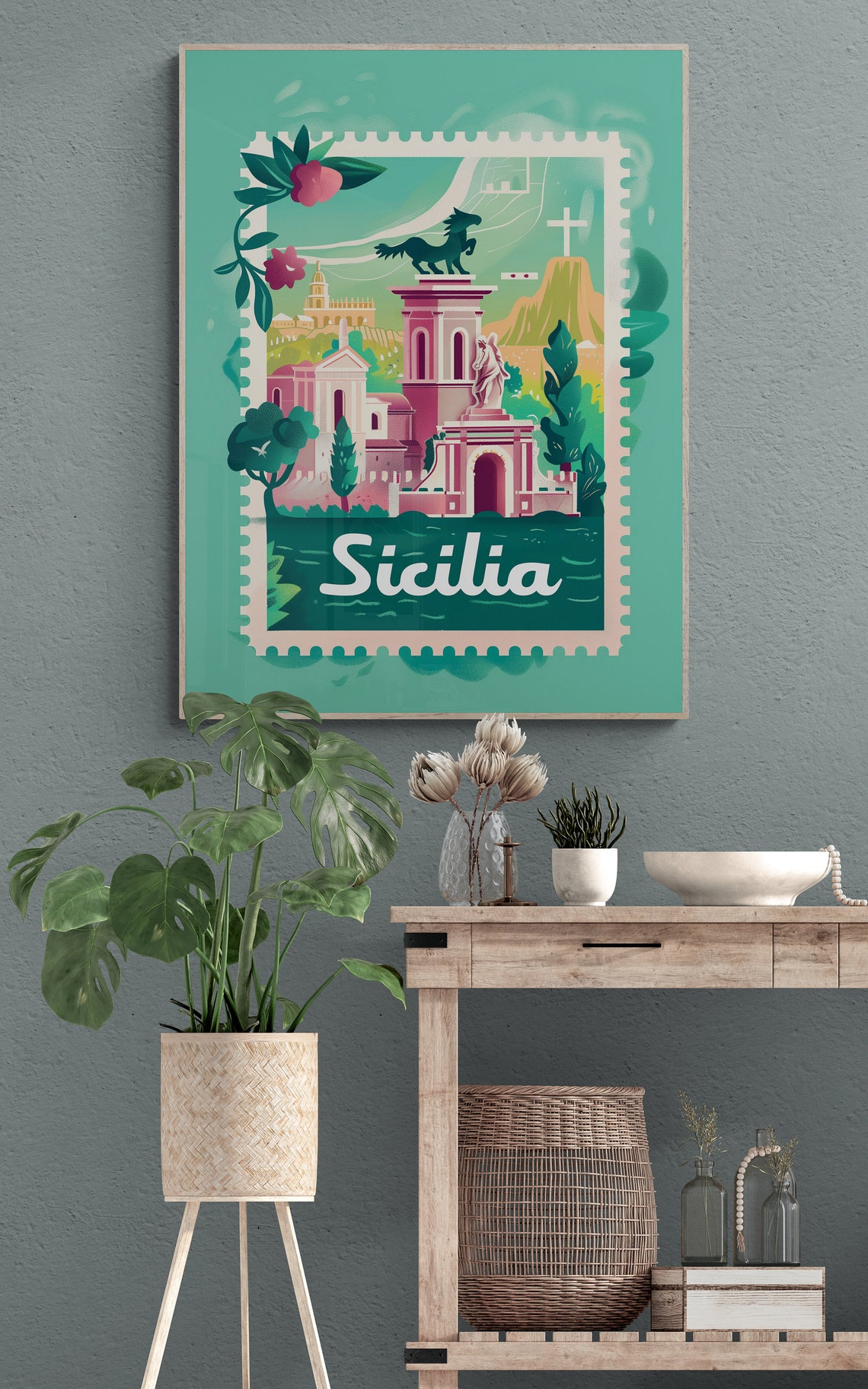 Sicily Horse Statue Cathedral Green Vintage Stamp Travel Poster - Image 3