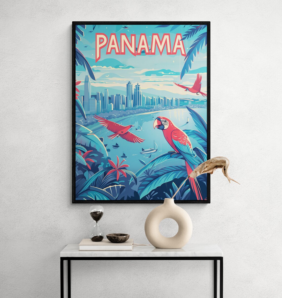 Panama Tropical Bay Macaw Parrots City Skyline Palm Travel Poster