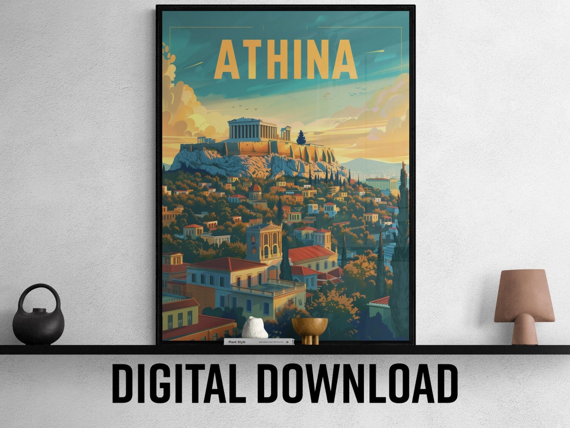 Athina Greece Acropolis Parthenon Golden Sunset Travel Poster