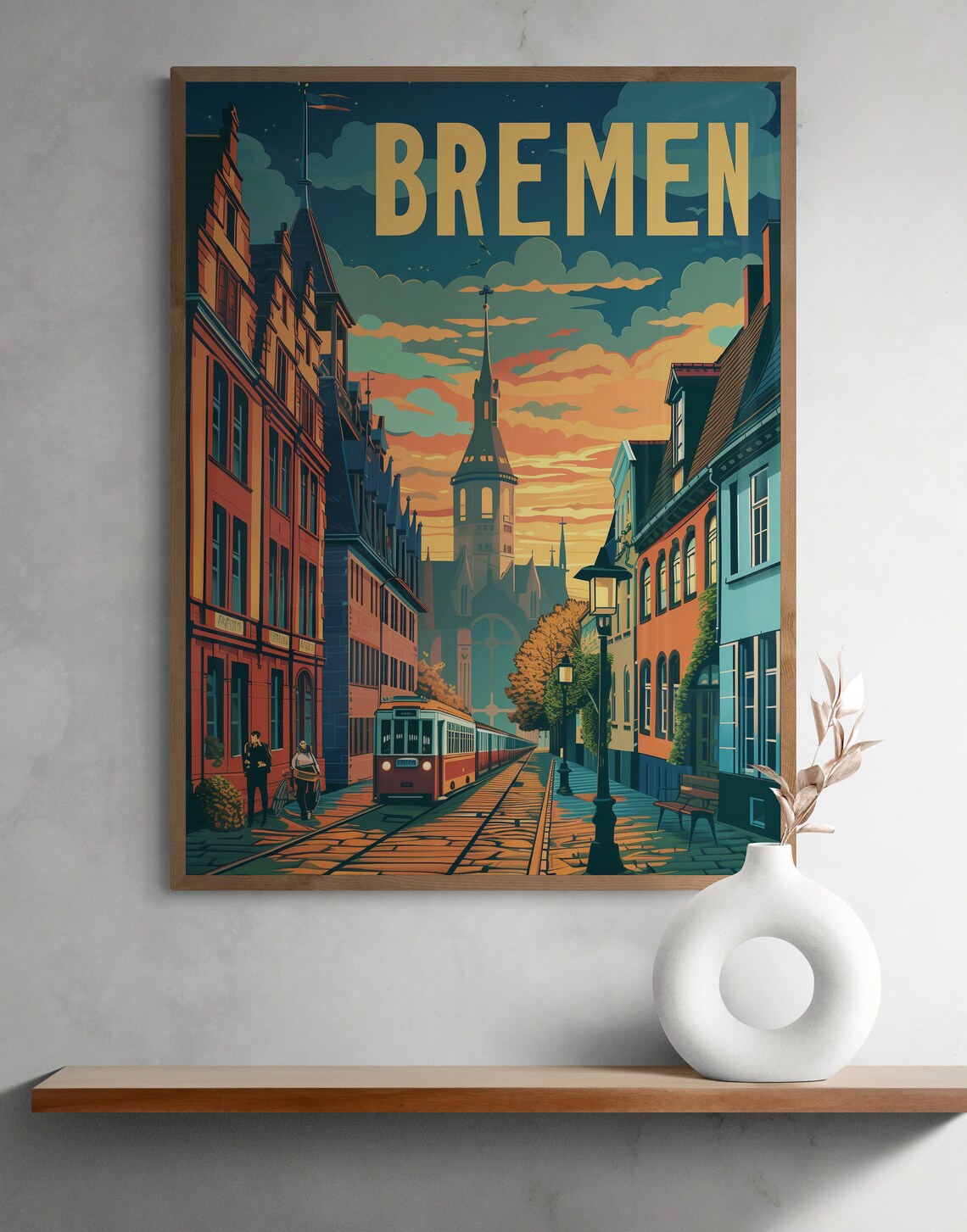 Bremen Historic Street Tram and Church Tower Vintage Travel Poster - Image 2